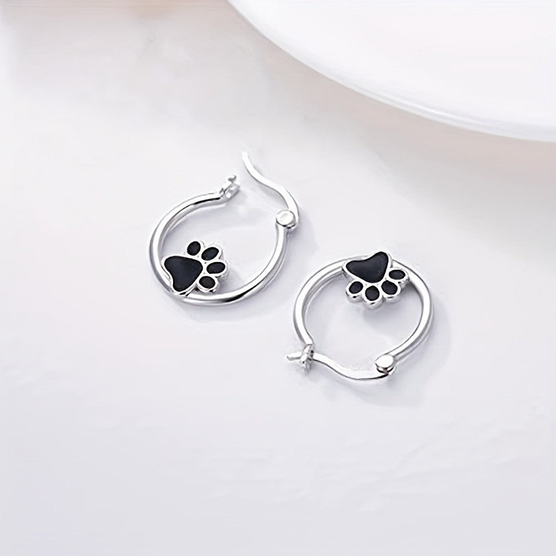 Black Paw Print Hoop Earrings