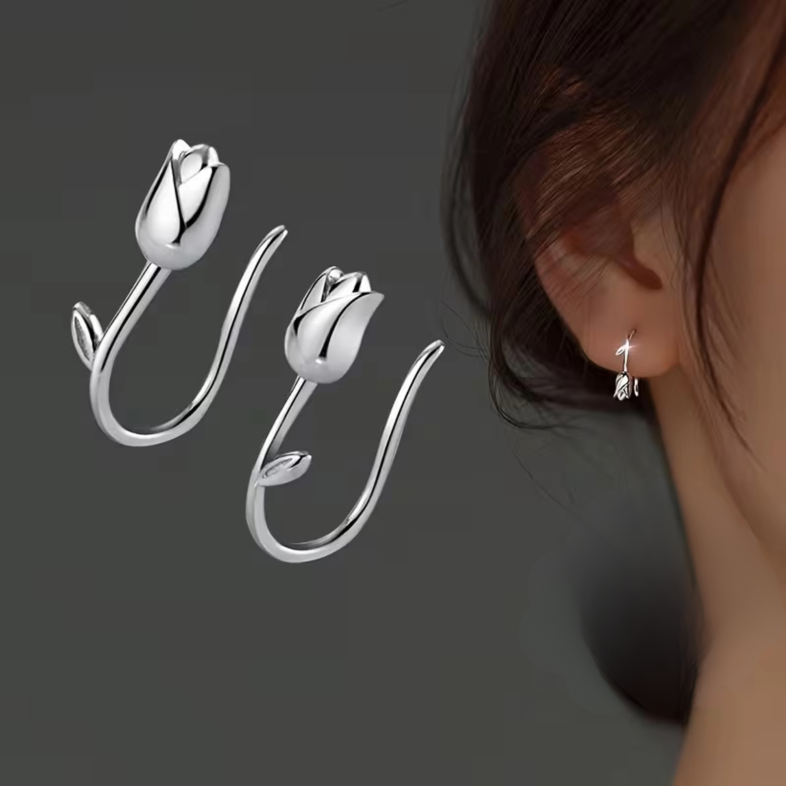 Silver Tulip Hook Earrings