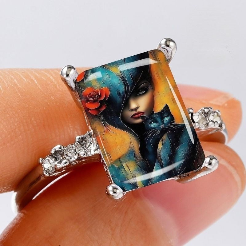 Artistic Woman & Cat Rectangular Ring