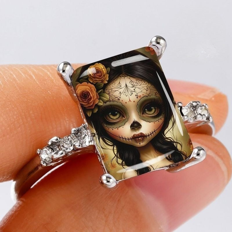 Sugar Skull Glass Cabochon Ring