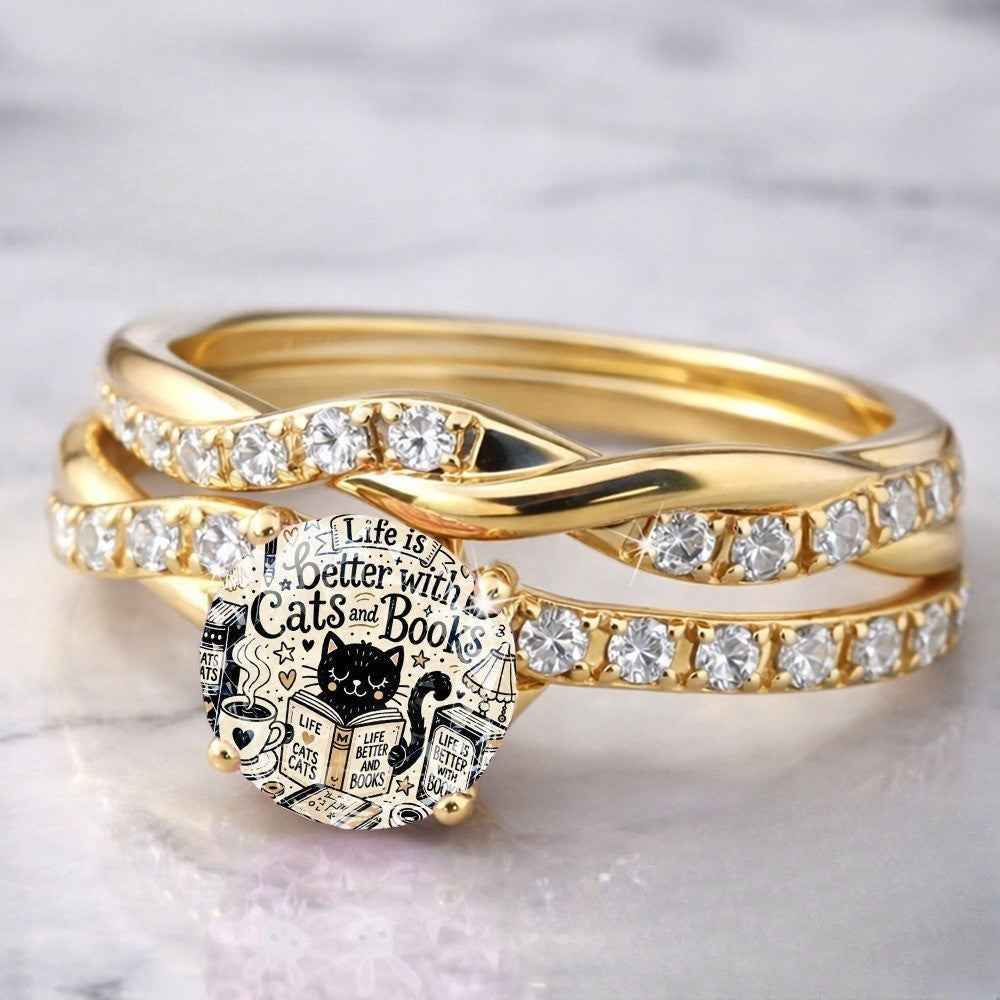 Cat & Books Dome Ring