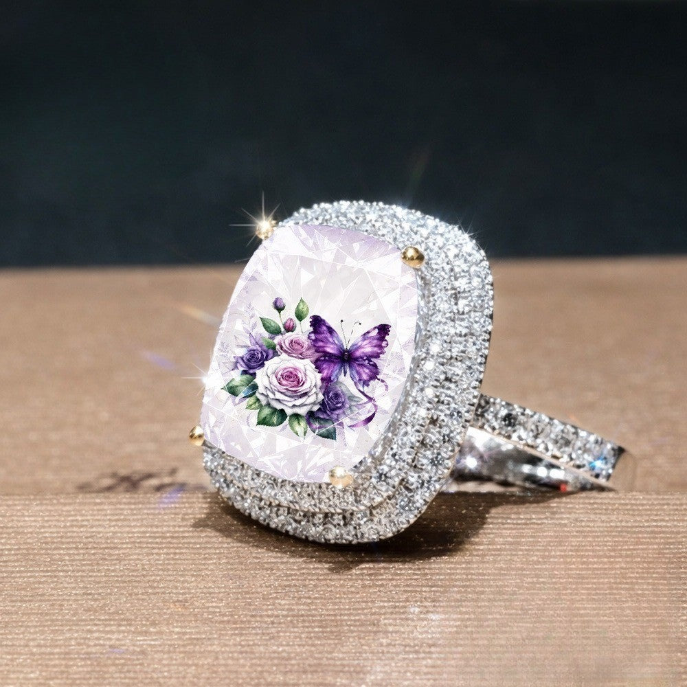 Purple Butterfly & Rose Square Ring