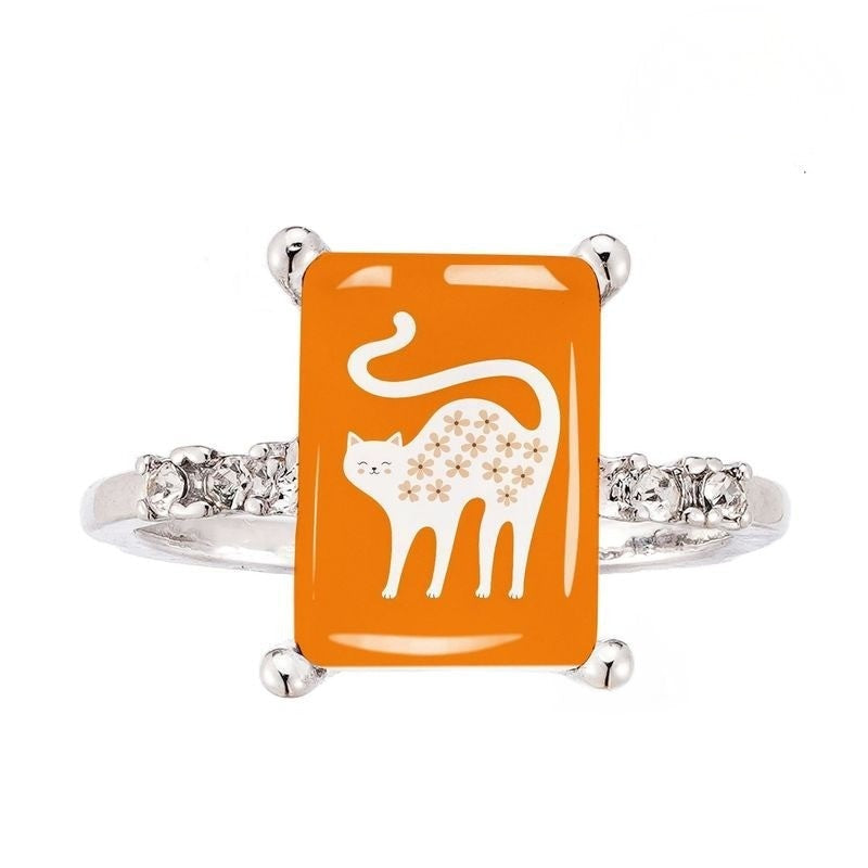 Orange Floral Cat Square Ring