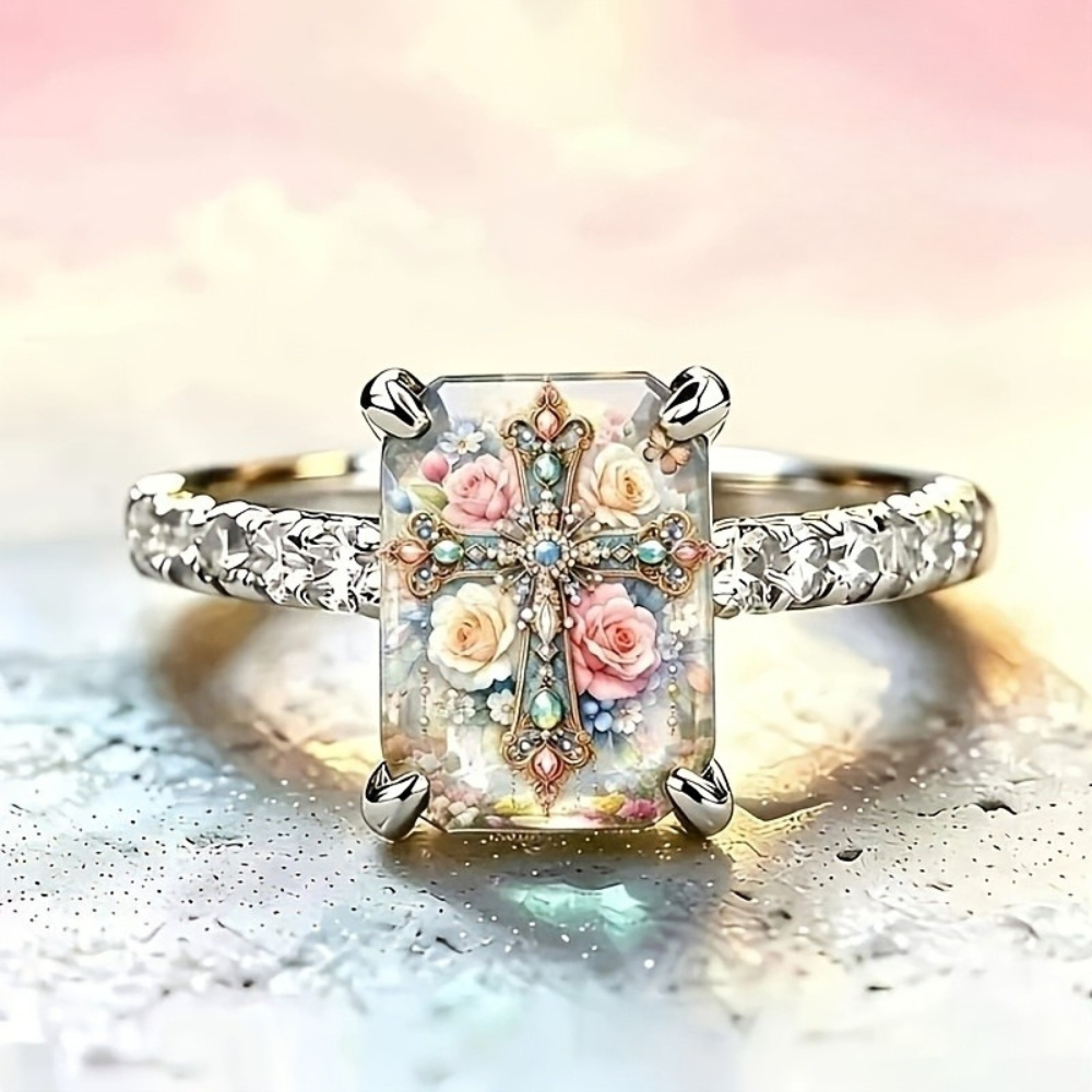 Rose Floral Cross Rectangle Ring