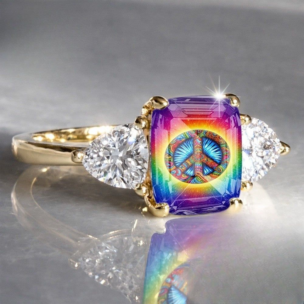 Rainbow Peace Symbol Square Ring
