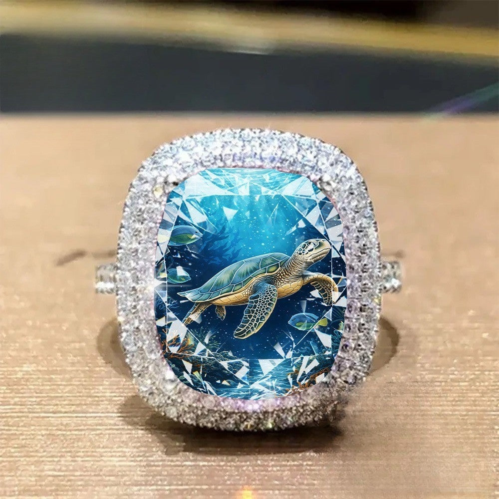 Sea Turtle Ocean Glass Square Ring