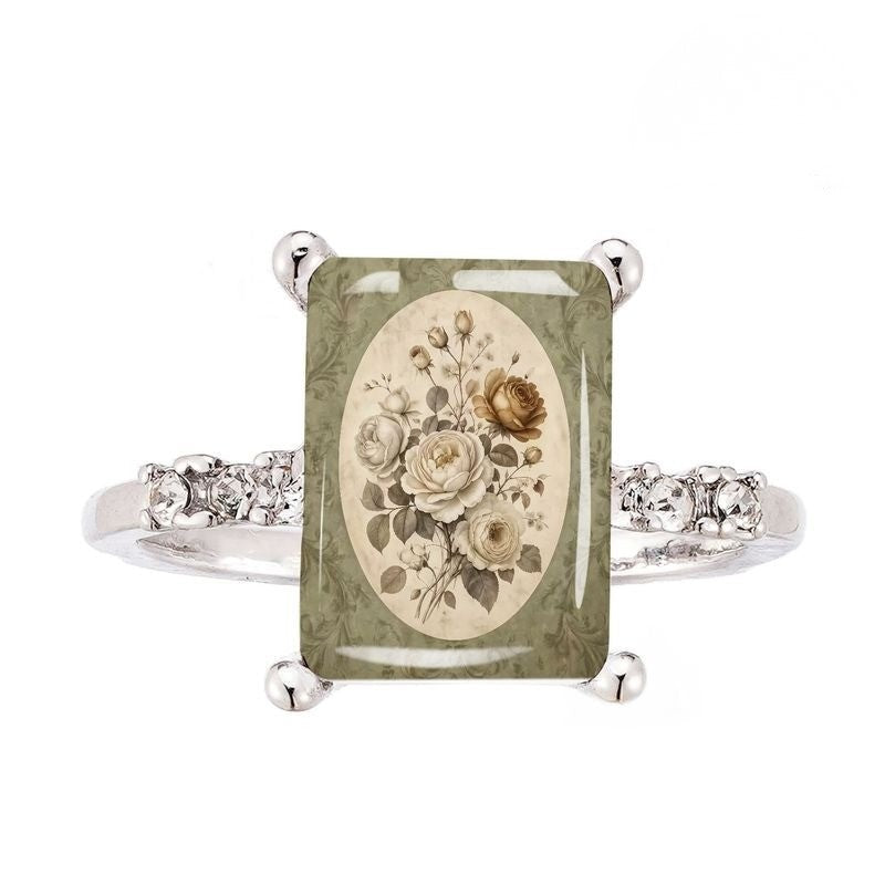 Sage Floral Rectangle Ring
