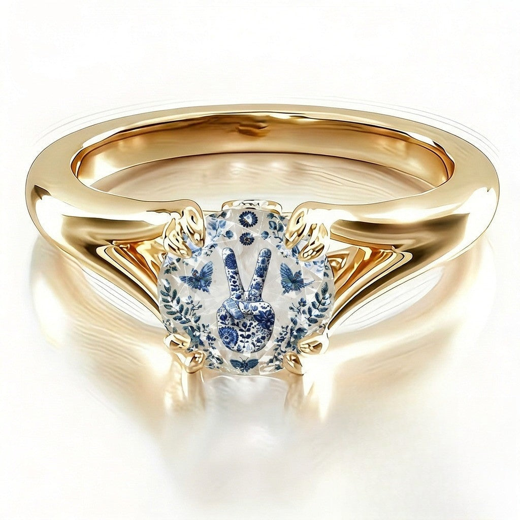 Blue Floral Peace Sign Ring