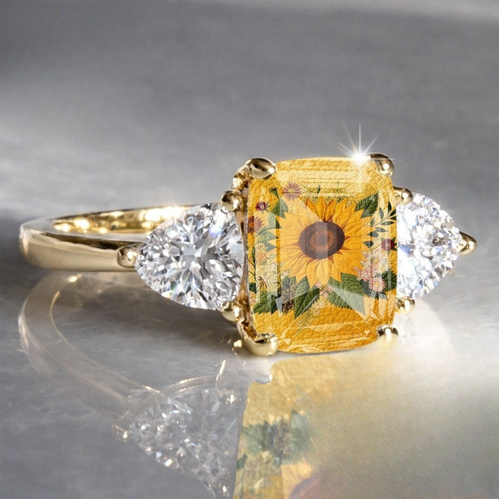 Sunflower Embroidered Three Stone Ring