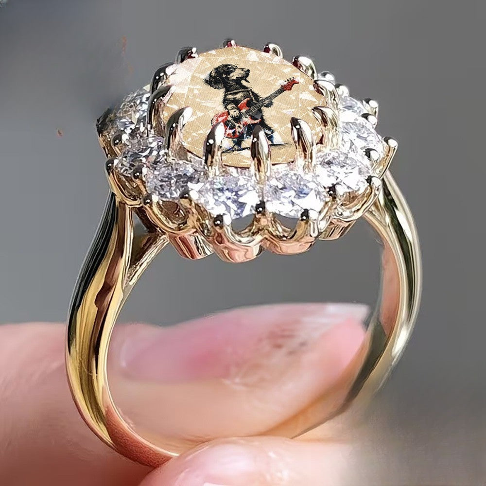 Dog Guitar Crystal Statement Ring