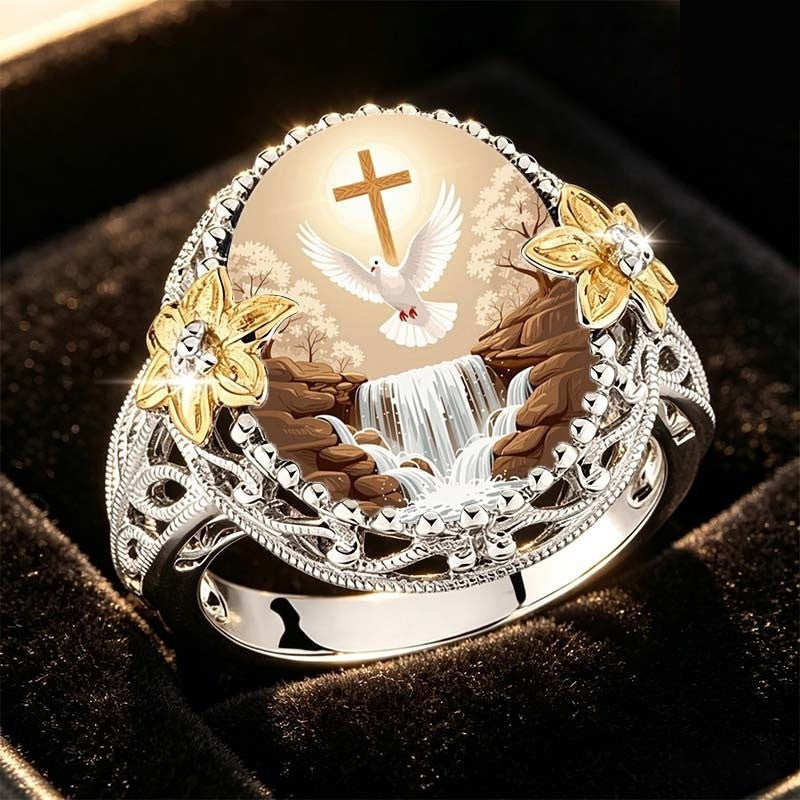 White Dove & Cross Landscape Ring