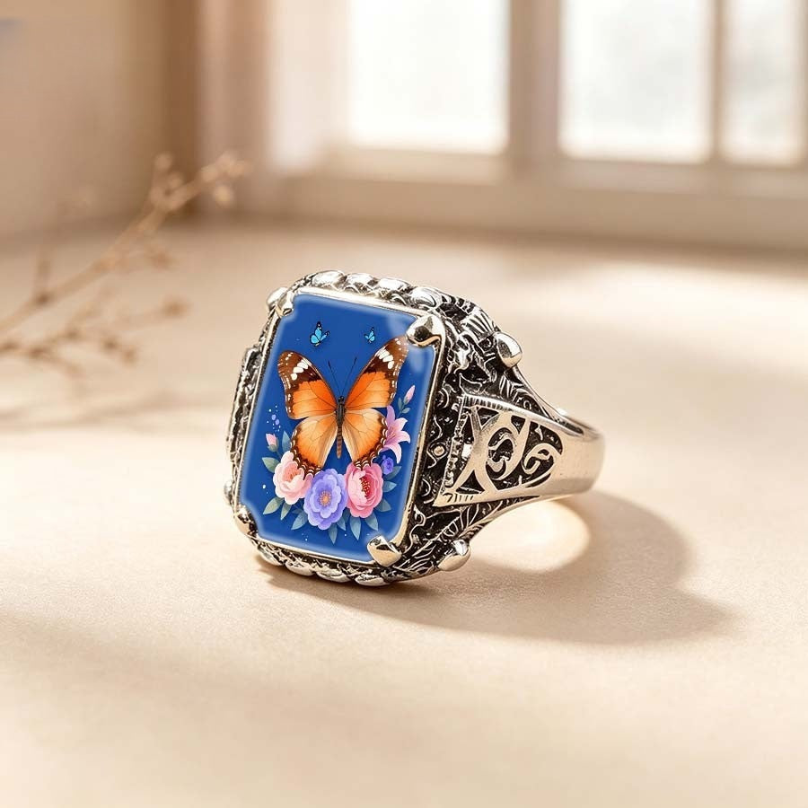 Blue Butterfly Filigree Square Ring