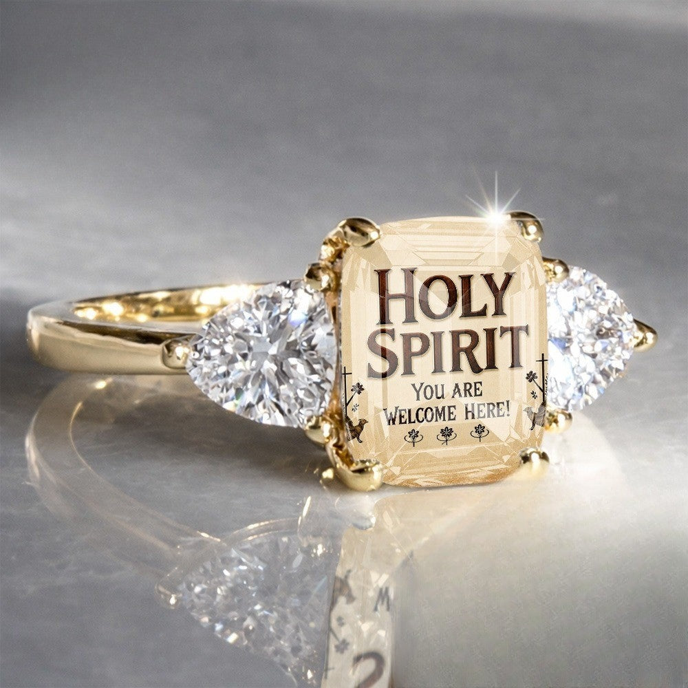Holy Spirit Welcome Square Crystal Ring