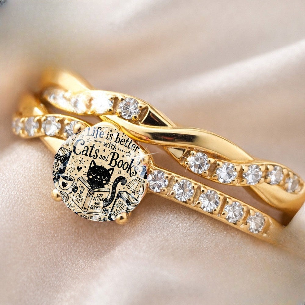 Twisted Crystal Cat & Books Ring