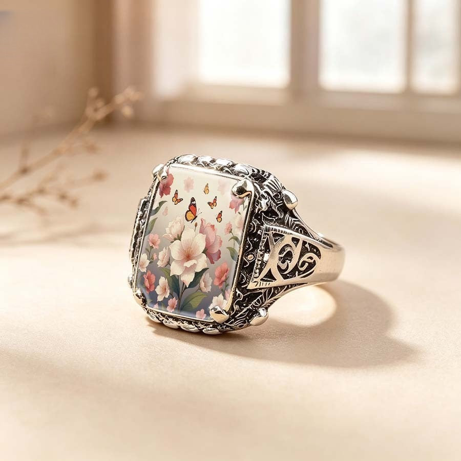 Floral Butterfly Filigree Square Ring