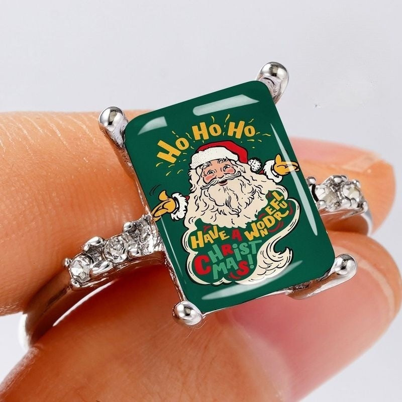 Green Santa Claus Text Square Ring