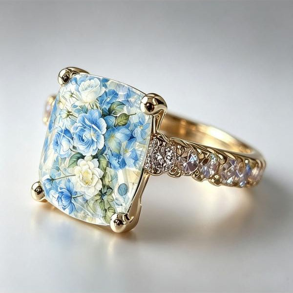 Blue White Rose Square Ring