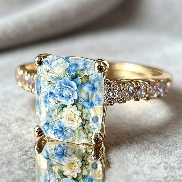 Blue White Rose Square Ring