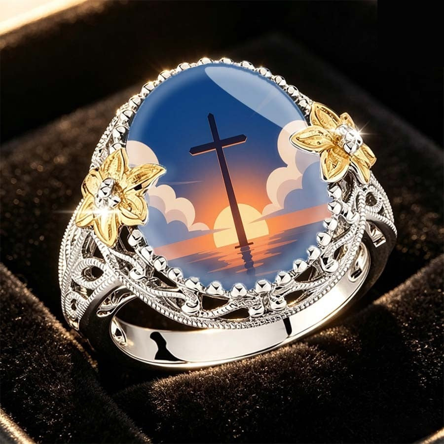 Cross Sunset Floral Dome Ring