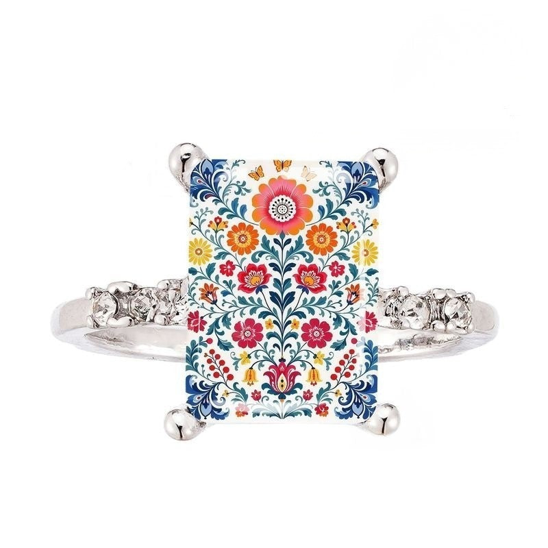 Colorful Floral Tile Rectangle Ring