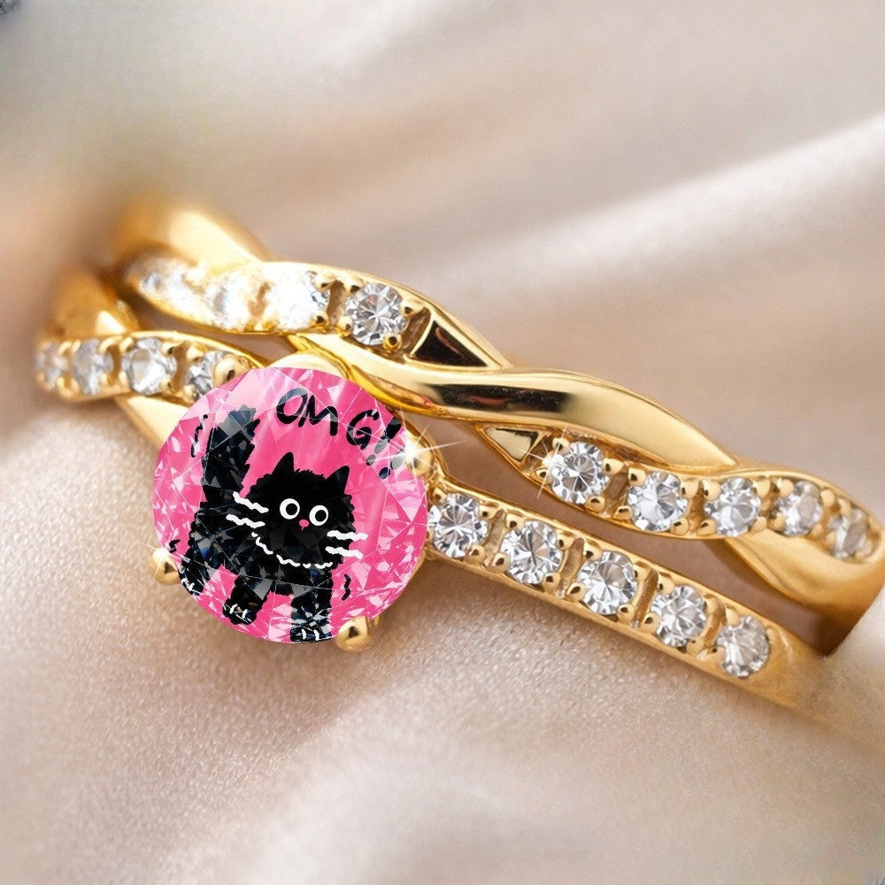 Pink Crystal Black Cat Twisted Ring