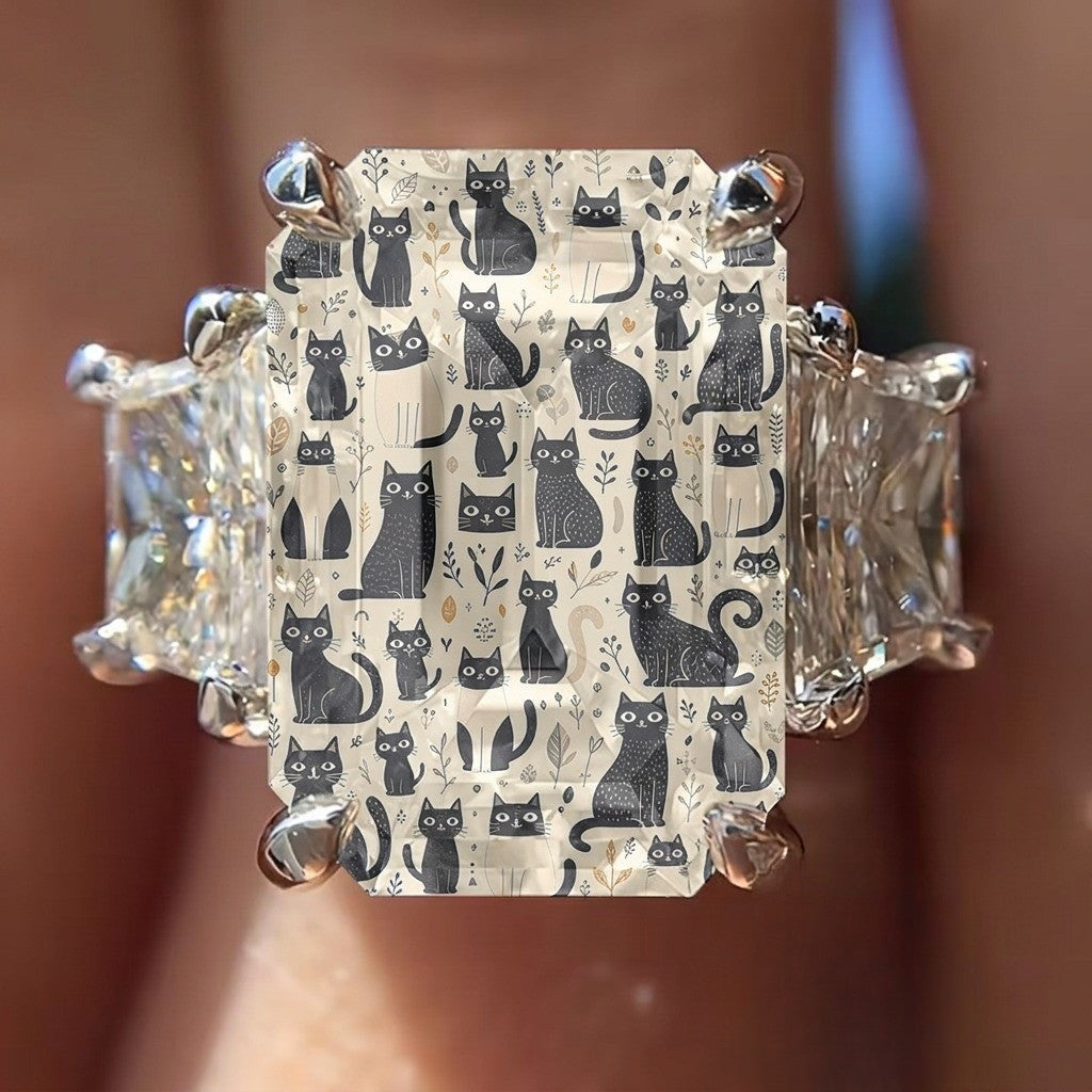 Black Cat Pattern Square Ring