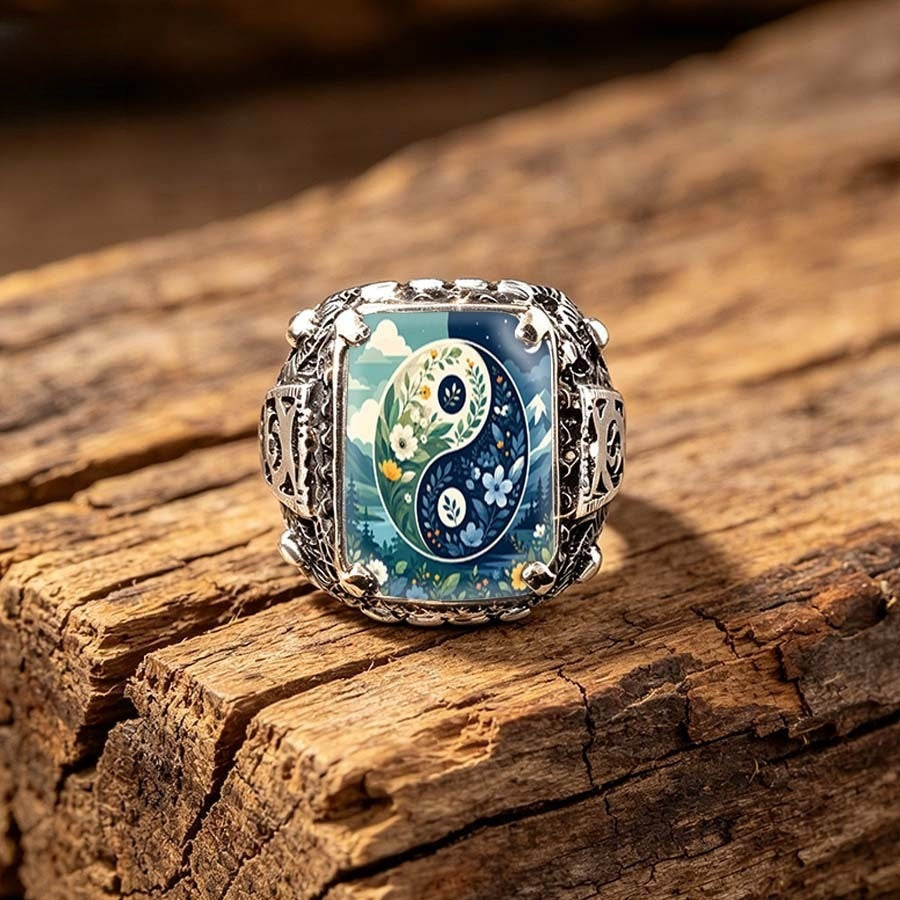 Floral Yin Yang Square Ring