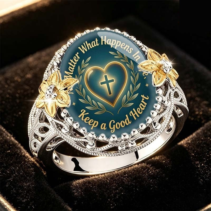 Teal Heart & Cross Message Ring