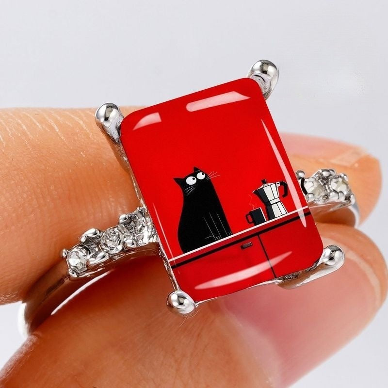 Black Cat Red Rectangle Ring