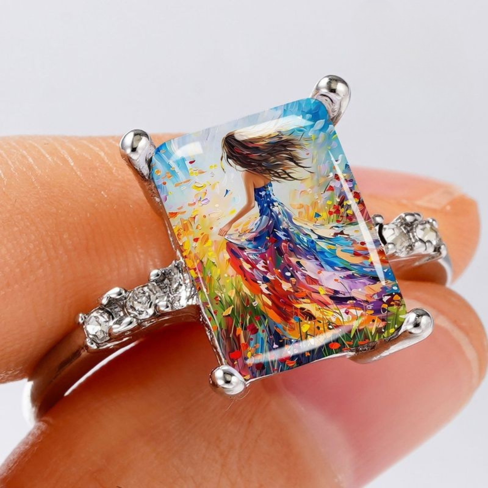 Girl Flower Field Square Ring