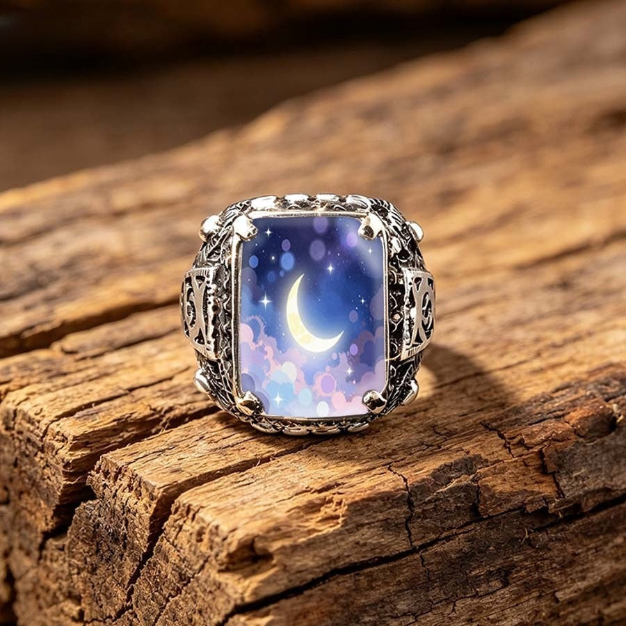Starry Night Crescent Moon Square Ring