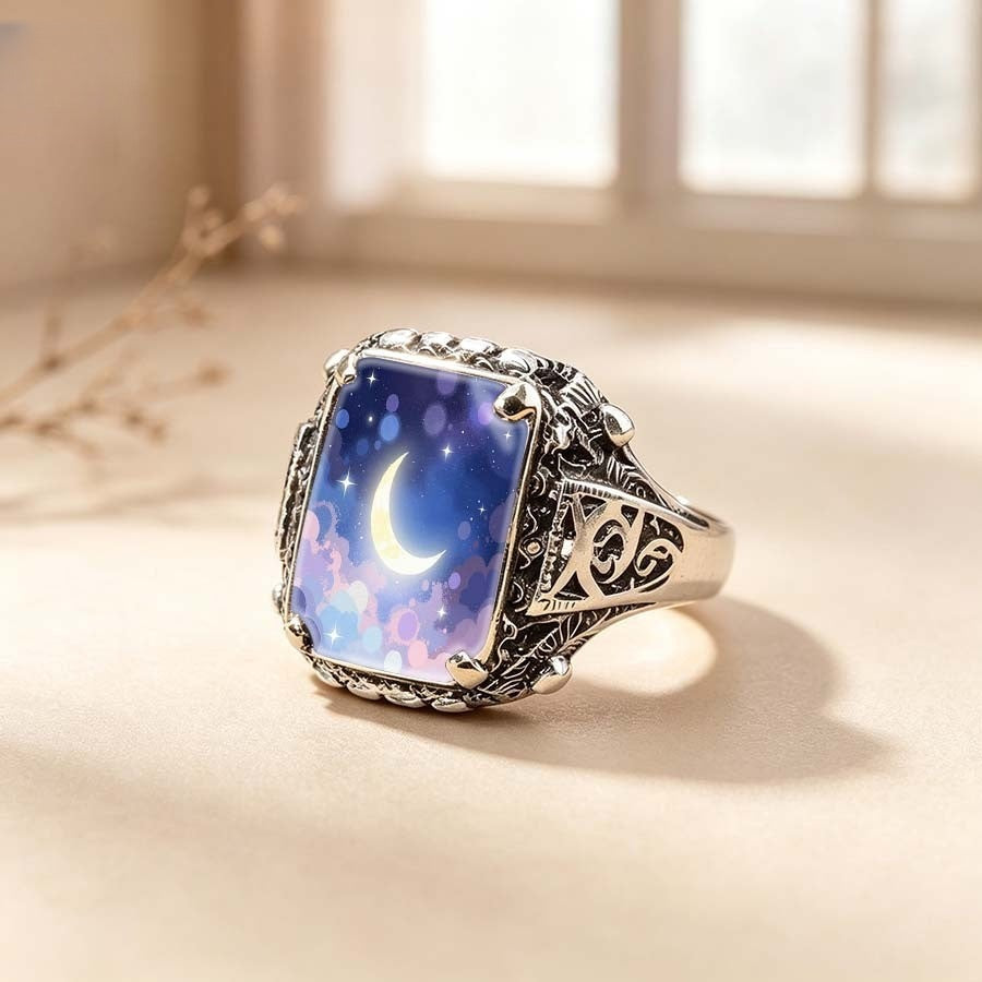 Starry Night Crescent Moon Square Ring
