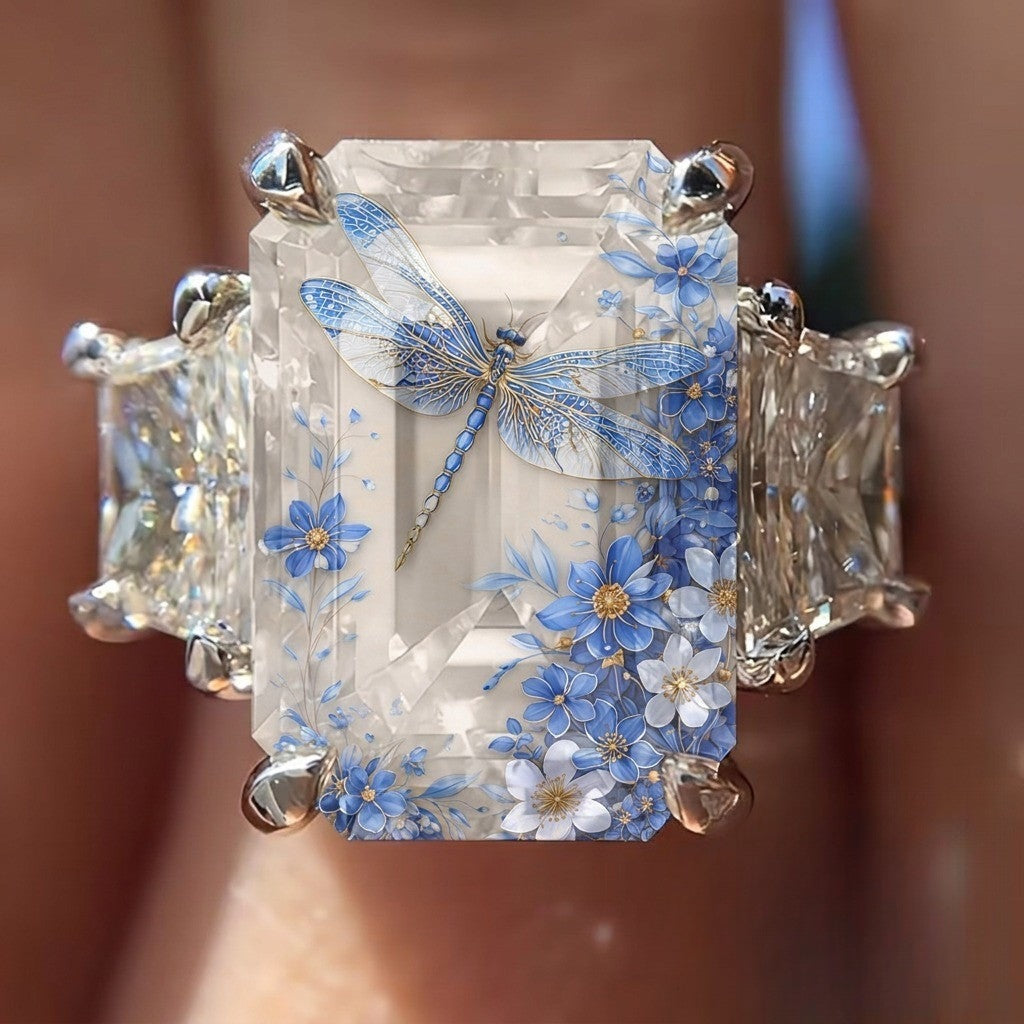 Blue Dragonfly Floral Ring