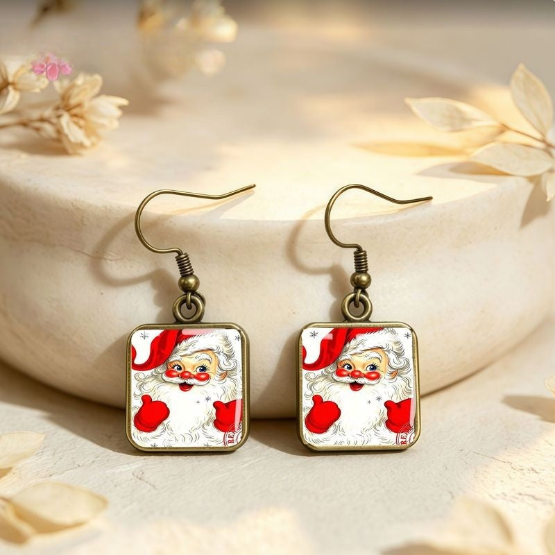 Santa Claus Glass Square Drop Earrings