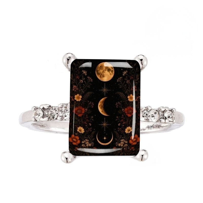 Moon Phase Floral Rectangular Ring