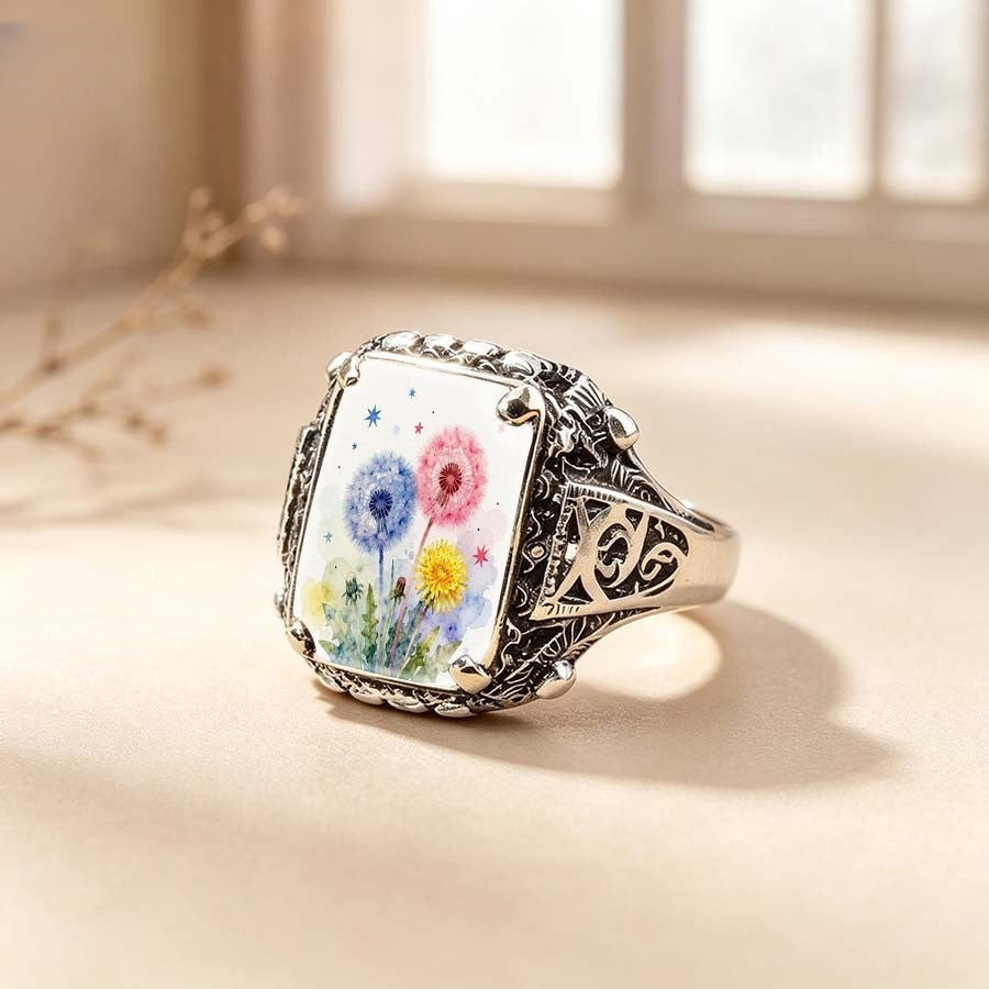 Watercolor Dandelion Square Ring