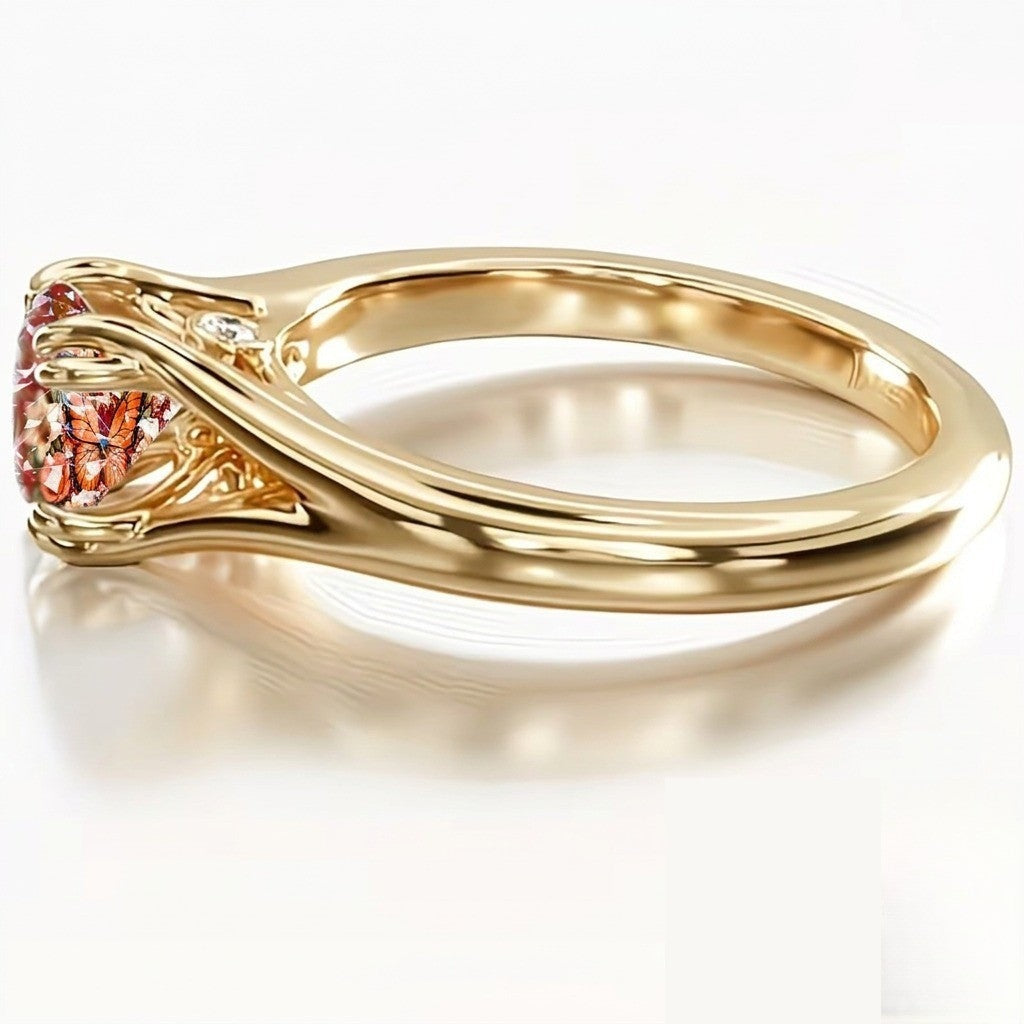 Orange Butterfly Floral Square Ring