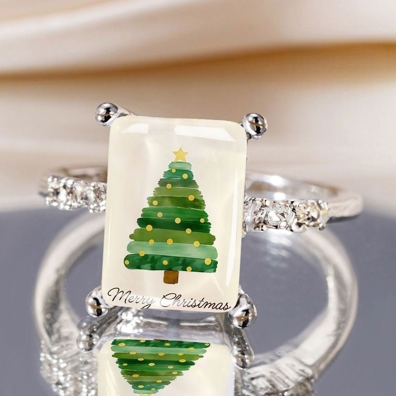 Silver Christmas Tree Rectangle Ring