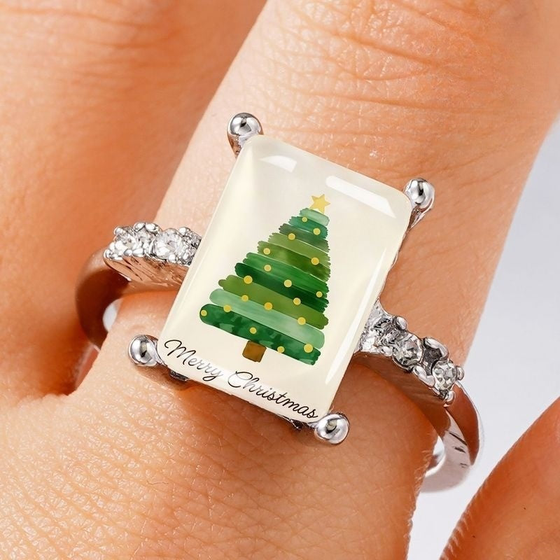Silver Christmas Tree Rectangle Ring