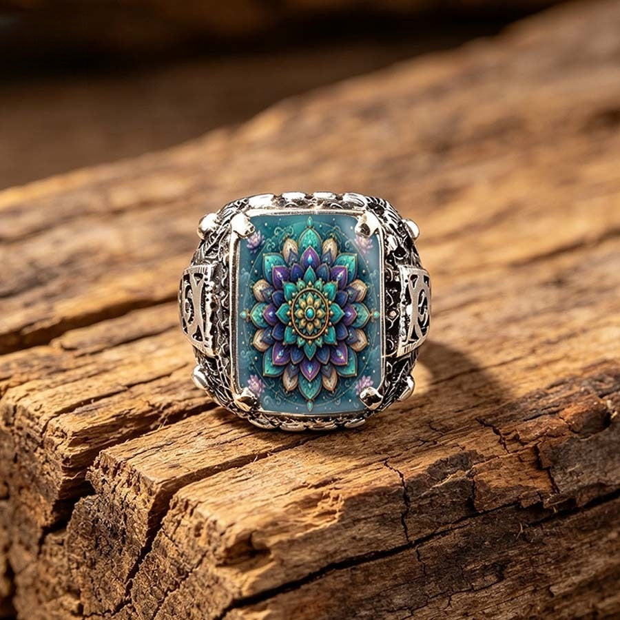 Teal Mandala Square Ring