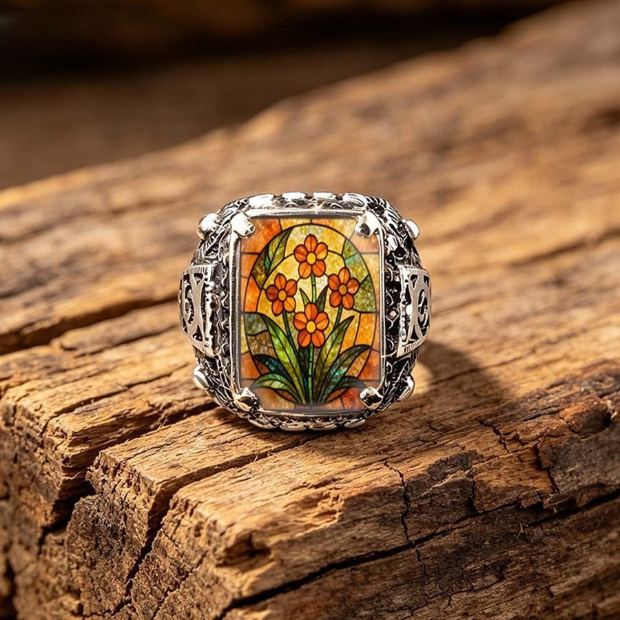 Orange Floral Stained Glass Ring