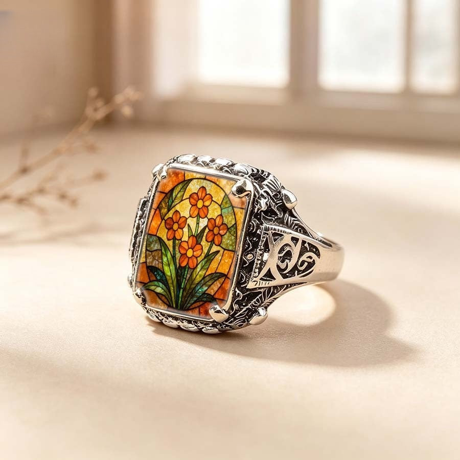 Orange Floral Stained Glass Ring