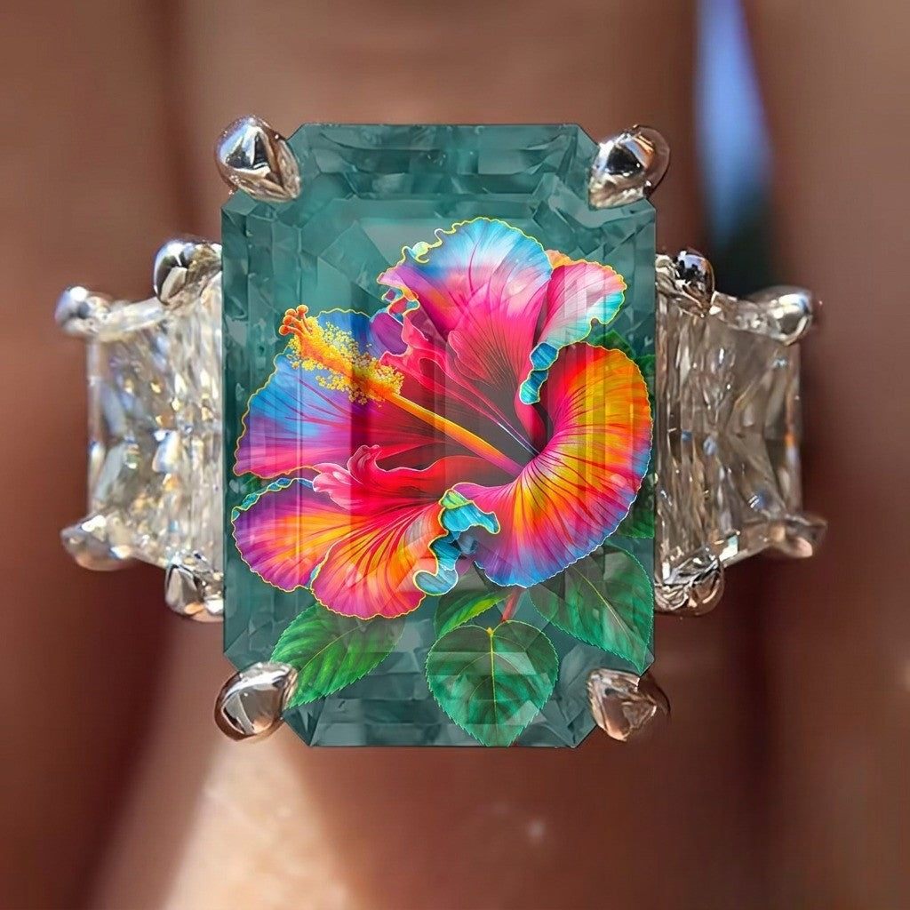 Her Tropical Hibiscus Square Ring
