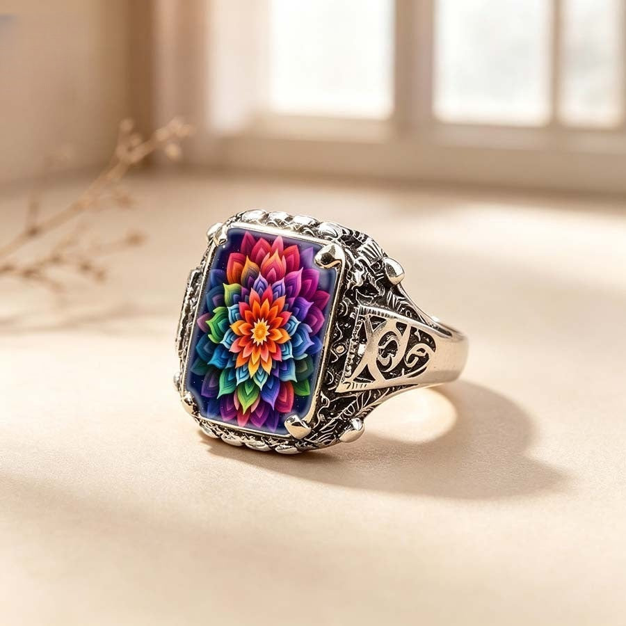 Colorful Geometric Flower Square Ring