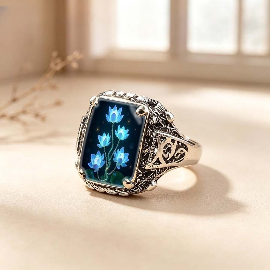 Vintage Blue Lotus Square Ring