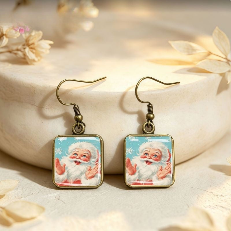 Vintage Santa Square Dangle Earrings