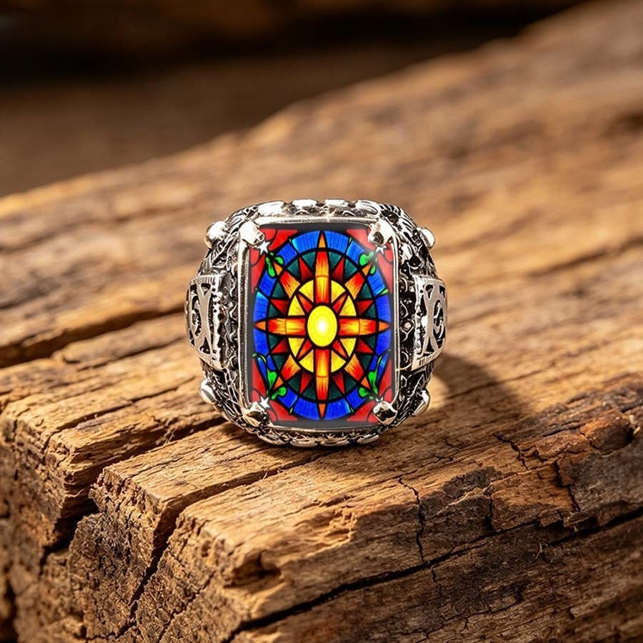 Stained Glass Sunburst Square Ring