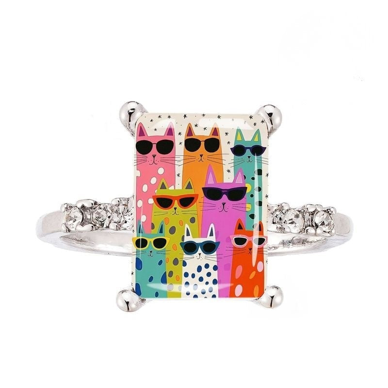 Colorful Sunglasses Cat Square Ring