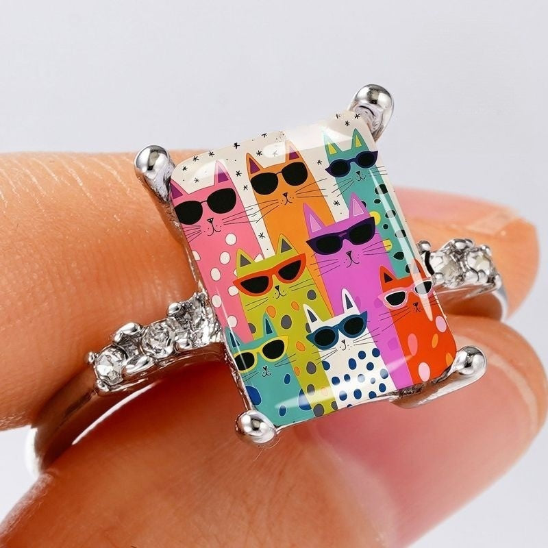 Colorful Sunglasses Cat Square Ring