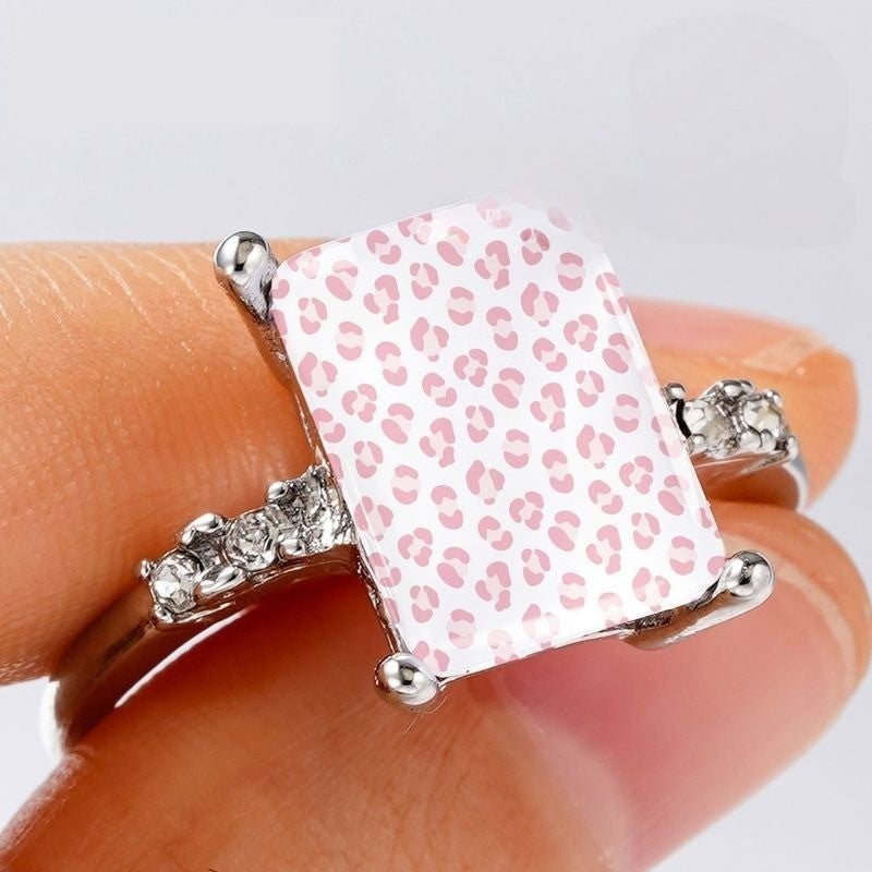 Silver Pink Leopard Square Ring